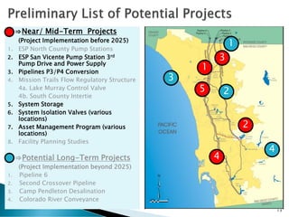 ⇒Near/ Mid-Term Projects
(Project Implementation before 2025)
1. ESP North County Pump Stations
2. ESP San Vicente Pump Station 3rd
Pump Drive and Power Supply
3. Pipelines P3/P4 Conversion
4. Mission Trails Flow Regulatory Structure
4a. Lake Murray Control Valve
4b. South County Intertie
5. System Storage
6. System Isolation Valves (various
locations)
7. Asset Management Program (various
locations)
8. Facility Planning Studies
⇒Potential Long-Term Projects
(Project Implementation beyond 2025)
1. Pipeline 6
2. Second Crossover Pipeline
3. Camp Pendleton Desalination
4. Colorado River Conveyance
13
1
3
5
3
1
2
4
4
2
 