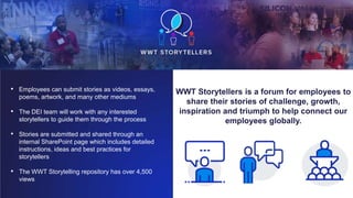 WWT Pride Virtual Event
WWT Speaker Series
Presents: Chely Wright
Hispanics in Tech Event
WWT Storytellers is a forum for employees to
share their stories of challenge, growth,
inspiration and triumph to help connect our
employees globally.
• Employees can submit stories as videos, essays,
poems, artwork, and many other mediums
• The DEI team will work with any interested
storytellers to guide them through the process
• Stories are submitted and shared through an
internal SharePoint page which includes detailed
instructions, ideas and best practices for
storytellers
• The WWT Storytelling repository has over 4,500
views
 