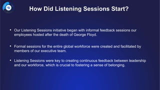 • Our Listening Sessions initiative began with informal feedback sessions our
employees hosted after the death of George Floyd.
• Formal sessions for the entire global workforce were created and facilitated by
members of our executive team.
• Listening Sessions were key to creating continuous feedback between leadership
and our workforce, which is crucial to fostering a sense of belonging.
How Did Listening Sessions Start?
 