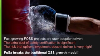 Fast growing FOSS projects are user adoption driven
The extra cost of safety certification is significant
The risk that upfront investment doesn’t deliver is very high!
FuSa breaks the traditional OSS growth model!
 