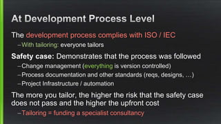 The development process complies with ISO / IEC
–With tailoring: everyone tailors
Safety case: Demonstrates that the process was followed
–Change management (everything is version controlled)
–Process documentation and other standards (reqs, designs, …)
–Project Infrastructure / automation
The more you tailor, the higher the risk that the safety case
does not pass and the higher the upfront cost
–Tailoring = funding a specialist consultancy
 