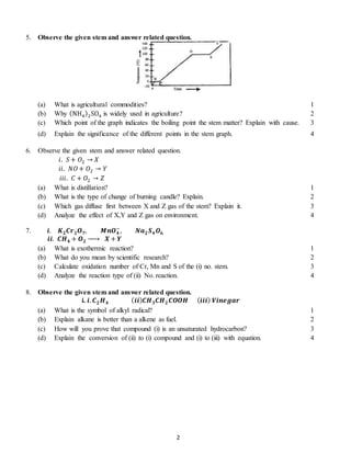 2
5. Observe the given stem and answer related question.
(a) What is agricultural commodities? 1
(b) Why (NH4)2SO4 is widely used in agriculture? 2
(c) Which point of the graph indicates the boiling point the stem matter? Explain with cause. 3
(d) Explain the significance of the different points in the stem graph. 4
6. Observe the given stem and answer related question.
𝑖. 𝑆 + 𝑂2 → 𝑋
𝑖𝑖. 𝑁𝑂+ 𝑂2 → 𝑌
𝑖𝑖𝑖. 𝐶 + 𝑂2 → 𝑍
(a) What is distillation? 1
(b) What is the type of change of burning candle? Explain. 2
(c) Which gas diffuse first between X and Z gas of the stem? Explain it. 3
(d) Analyze the effect of X,Y and Z gas on environment. 4
7. 𝒊. 𝑲 𝟐 𝑪𝒓 𝟐 𝑶 𝟕, 𝑴𝒏𝑶 𝟒
−
, 𝑵𝒂 𝟐 𝑺 𝟒 𝑶 𝟔
𝒊𝒊. 𝑪𝑯 𝟒 + 𝑶 𝟐 → 𝑿 + 𝒀
(a) What is exothermic reaction? 1
(b) What do you mean by scientific research? 2
(c) Calculate oxidation number of Cr, Mn and S of the (i) no. stem. 3
(d) Analyze the reaction type of (ii) No. reaction. 4
8. Observe the given stem and answer related question.
i. 𝒊. 𝑪 𝟐 𝑯 𝟒 ( 𝒊𝒊) 𝑪𝑯 𝟑 𝑪𝑯 𝟐 𝑪𝑶𝑶𝑯 (𝒊𝒊𝒊) 𝑽𝒊𝒏𝒆𝒈𝒂𝒓
(a) What is the symbol of alkyl radical? 1
(b) Explain alkane is better than a alkene as fuel. 2
(c) How will you prove that compound (i) is an unsaturated hydrocarbon? 3
(d) Explain the conversion of (ii) to (i) compound and (i) to (iii) with equation. 4
 