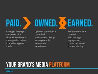 PAID.                               OWNED.                              EARNED.
Paying	
  to	
  leverage	
          Dynamic	
  content	
  in	
  a	
     The	
  customer	
  as	
  a	
  
the	
  power	
  of	
  a	
           controlled	
                        channel.	
  	
  
channel	
  to	
  deliver	
  a	
     environment.	
  Setup	
             Built	
  through	
  
message	
  that	
  drives	
         as	
  a	
  repeatable,	
            engagement,	
  
to	
  another	
  type	
  of	
       value-­‐added	
                     conversaUon	
  and	
  
media.	
                            experience.	
                       content	
  sharing.	
  




YOUR BRAND’S MEDIA PLATFORM
xplain.co
 