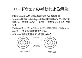 ハードウェアの補助による解決
• Intel VT/AMD-SVM (2005,2006)で導入された機能
• Sensitive且つNon-Privileged命令が実行されるとモードが切
  り替わり、処理をハイパーバイザー（仮想マシンモニタ）が行
  なう
               ドで イ         イザ を動作させ、VMX non
• VMX rootモードでハイパーバイザーを動作させ、VMX non-
        root
  rootモードでゲストOSを動作させる。
• ゲストOSは何も変更せず、仮想化される。
          3           VM exit     3
          2                       2
          1                       1
          0                       0
                      VM entry


       VMX non-root              VMX root
 