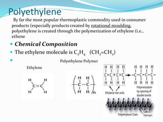 By far the most popular thermoplastic commodity used in consumer
products (especially products created by rotational moulding,
polyethylene is created through the polymerization of ethylene (i.e.,
ethene
 Chemical Composition
 The ethylene molecule is C2H4 (CH2=CH2)

Polyethylene
Polyethylene Polymer
Ethylene
 