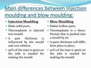 Main differences between Injection
moulding and blow moulding:
 Injection Moulding
 Make solid parts.
 Thermoplastic is injected
into mould.
 A part thickness is
influenced by the mould
and core relation.
 90% of the time is spent on
the jobs is needed for
making the mould.
 Blow Moulding
 Makes hollow parts.
 Thermoplastic is a sheet/
Persian that is pushed into
a mould by air.
 A parts thickness will differ
from place to place.
 50% of the time is spent on
the jobs is needed for
making the mould.
 