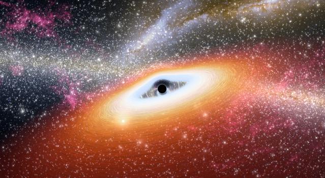 This artist's concept shows one of the most primitive supermassive black holes (central black dot) ever discovered.