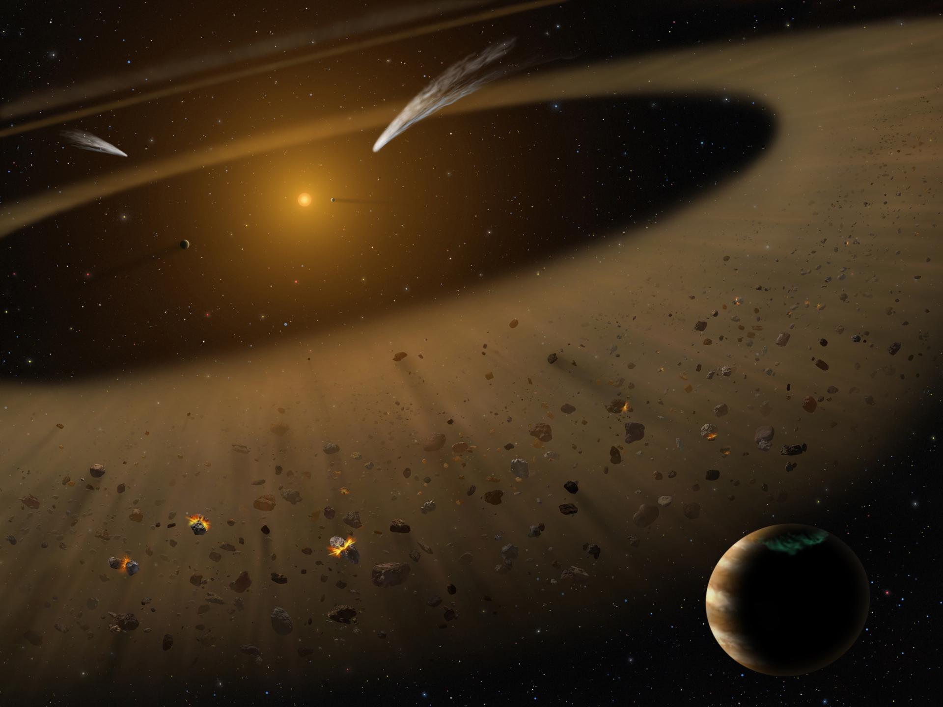 Artist's illustration of the Epsilon Eridani system showing Epsilon Eridani b, right foreground, a Jupiter-mass planet orbiting its parent star at the outside edge of an asteroid belt.