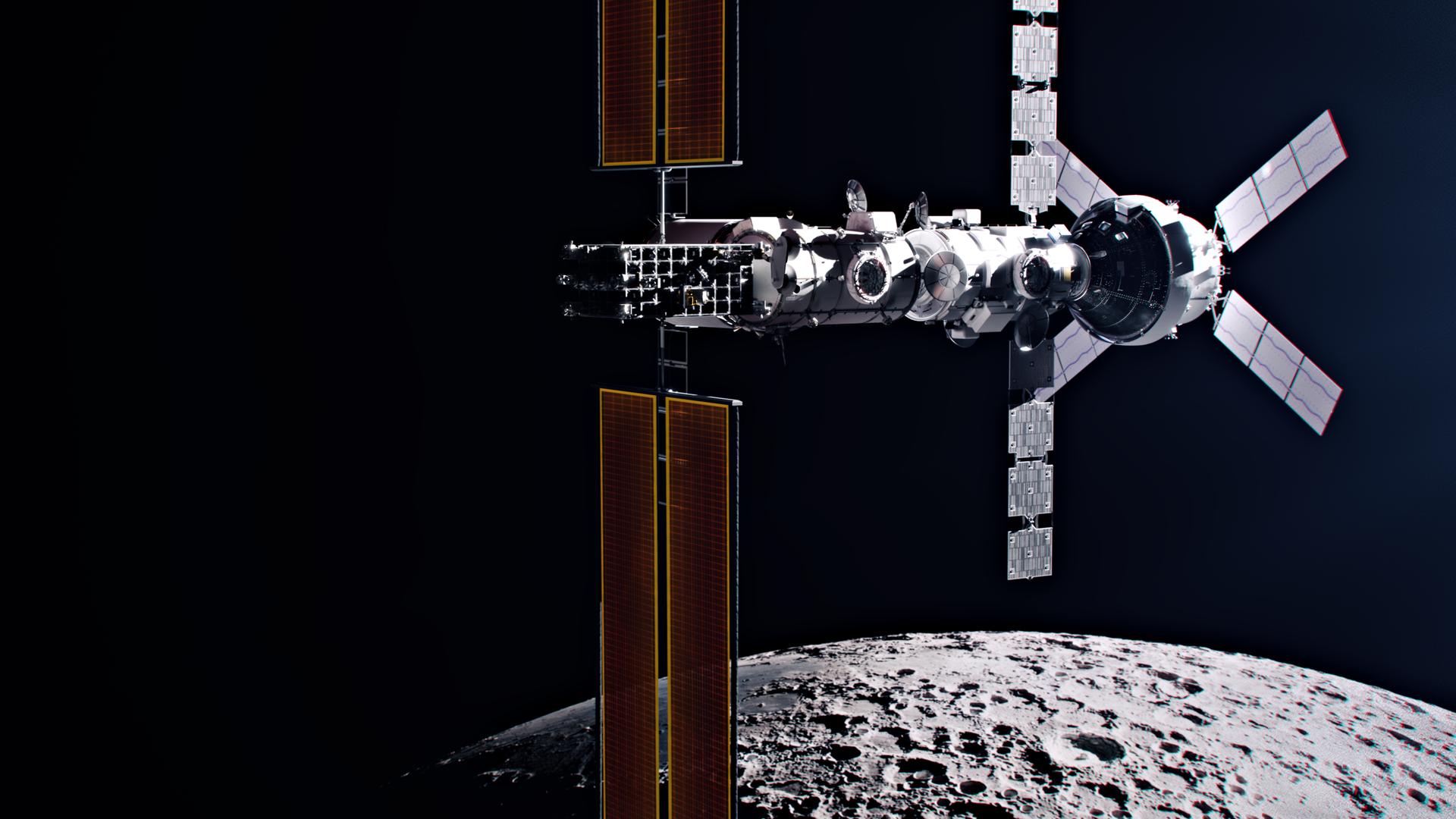 CGI rendering of the Gateway space station hosts the Orion spacecraft and SpaceX's deep space logistics spacecraft in a polar orbit around the Moon, supporting scientific discovery on the lunar surface during the Artemis IV mission.