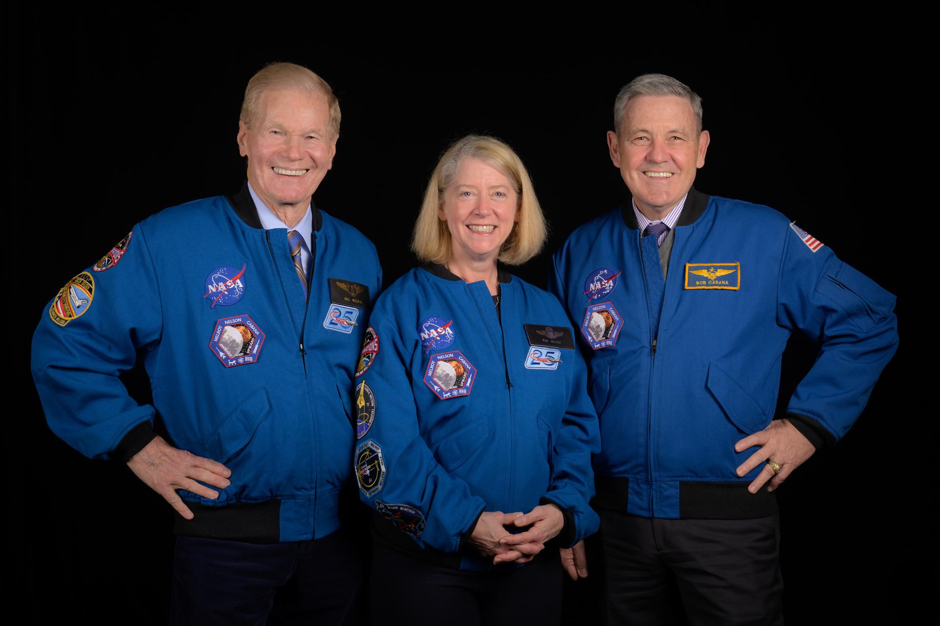 NASA Administrator Bill Nelson, left, NASA Deputy Administrator Pam Melroy, and NASA Associate Administrator Bob Cabana, right, pose for a group photograph.