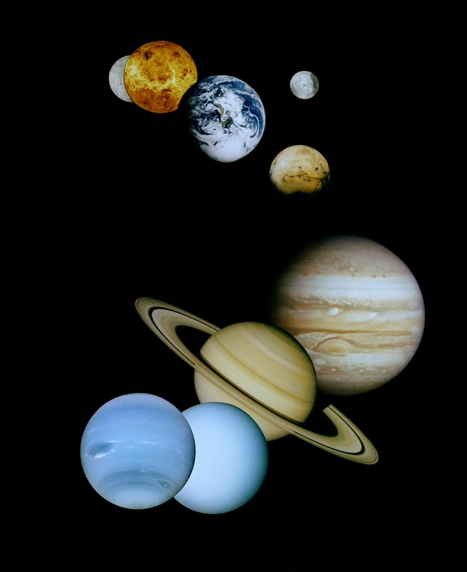This is an updated montage of planetary images taken by spacecraft managed by NASA’s Jet Propulsion Laboratory in Pasadena, CA. Included are from top to bottom images of Mercury, Venus, Earth and Moon, Mars, Jupiter, Saturn, Uranus and Neptune.