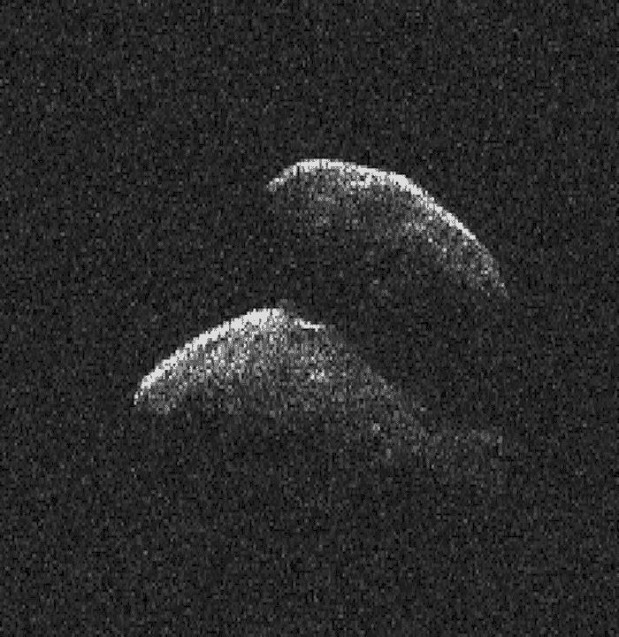 This frame from a movie of asteroid 2014 JO25 was generated using radar data collected by NASA 230-foot-wide 70-meter Deep Space Network antenna at Goldstone, California on April 19, 2017.