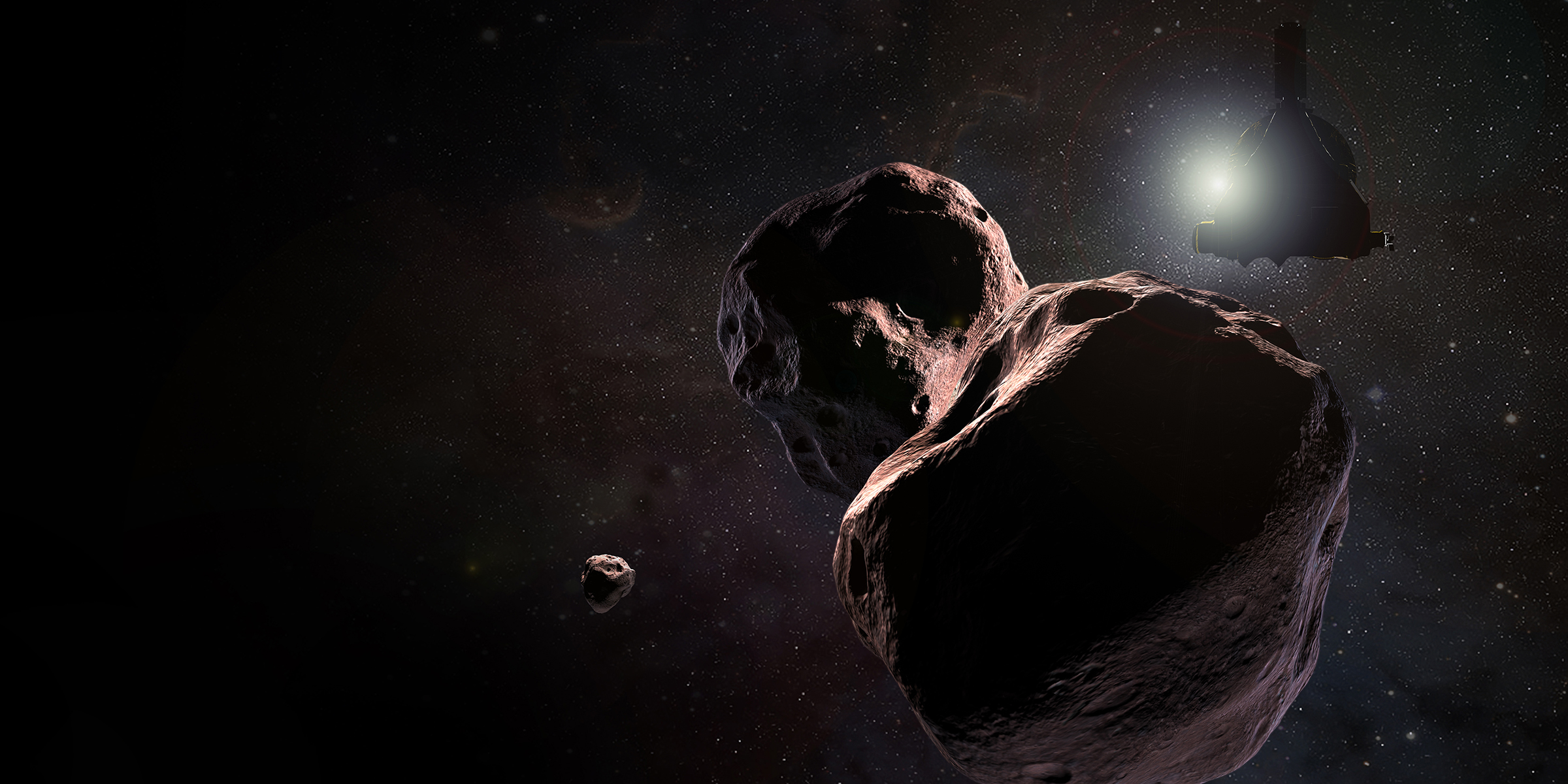 This artist's impression is of NASA's New Horizons spacecraft encountering Arrokoth, a Kuiper Belt object that orbits one billion miles (1.6 billion kilometers) beyond Pluto, on Jan. 1, 2019.