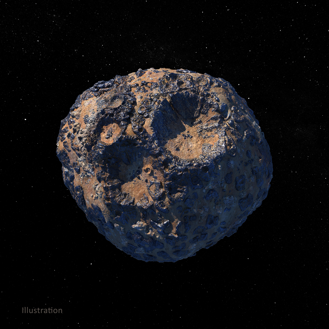 An illustration of asteroid Psyche in space. Large craters can be seen on the gray-colored, potato-shaped asteroid.