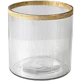 Serene Spaces Living Small Clear Ribbed Glass Cylinder Vase with Gold Rim, Tealight Holder, Decorative Flower Vase, Ideal for