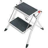 Hailo MK60 Mini Steel Step Stool - Two Large Anti-Slip Steps, 330 lb Capacity - Safety Release Button, Carry Handle - Easy St