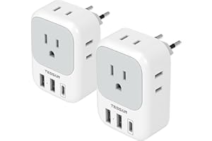 2 Pack European Travel Plug Adapter USB C, TESSAN US to Europe Plug Adapter with 4 Outlets 3 USB Charger (1 USB C Port), Type