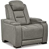 Signature Design by Ashley The Man-Den Leather Power Recliner with Adjustable Headrest & Wireless Charging, Gray