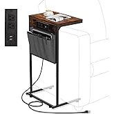 Evermagin C Shaped End Table with Charging Station, Small Couch Side Table with Storage Bag, Power Outlet and USB, Sturdy Sli