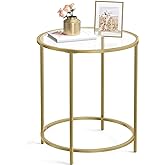 VASAGLE Round Side Table, Glass End Table with Metal Frame, Gold Coffee Table with Modern Style, for Living Room, Balcony, Be