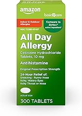 Amazon Basic Care 24 Hour Allergy Relief, Cetirizine Hydrochloride Tablets, 10 mg, 300 Count