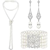 Maitys 3 Pcs 1920s Pearl Jewelry Set Including Vintage Flapper Earrings Multilayer Imitation Pearl Necklace Bracelet for Wome