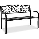 Best Choice Products Outdoor Bench Steel Garden Patio Porch Furniture for Lawn, Park, Deck w/Floral Design Backrest, Slatted 