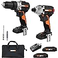 Worx Nitro 20V Impact Driver and Drill Driver with Brushless Motor, Drill Set with Storage Bag, Compact Drill and Driver Comb