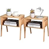 Vdomus Bamboo Stackable Nightstand Set of 2-16 inches Natural Wood Matching Side Table - Wooden Bedside Tables - Minimalist L