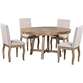 Merax 5-Piece Farmhouse Wooden Round Extendable Dining Table Set with 4 Upholstered Chairs, Family Kitchen Furniture, Natural