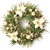 AMERZEST Pre-lit Christmas Wreath with Pine Cones Gold Balls,Gold Berries and Gold Flowers,24 Inch 50 Battery Operated LED Li