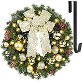 Hausse Lighted Christmas Wreath with Metal Hanger, Pre-lit Xmas Wreath with Large Golden Bow & Balls, 8 Modes & Timer, Batter