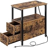 Rolanstar End Table with Charging Station, Narrow Side Table with 2 Wooden Drawers, USB Ports and Power Outlets, Nightstand S