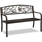 Yaheetech Patio Garden Bench Outdoor Cast Iron Metal Bench, w/Bird Design Backrest, Slatted Seat, Park Bench Outdoor Furnitur
