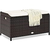 YITAHOME Outdoor Wicker Storage Bench Deck Box, Large PE Rattan Patio Storage Bench w/Covenient Handles and Soft Cushion for 