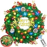 Pre Lit Christmas Wreath with Lights,Lighted Christmas Wreaths for Front Door with 45 Led Battery Operated 8 Modes Remote Con