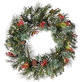 National Tree Company Pre-Lit Artificial Christmas Wreath, Green, Crestwood Spruce, White Lights, Decorated with Pine Cones, 