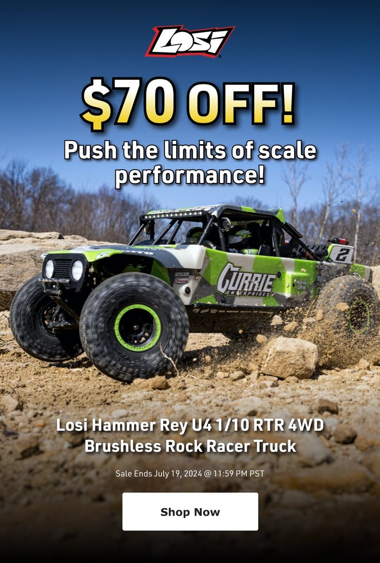 $70 Off! Push the limits of scale performance! Losi Hammer Rey U4 1/10 RTR 4WD Brushless Rock Racer Truck - Shop Now - Sale Ends July 19, 2024 @ 11:59 PST