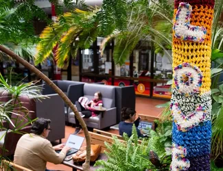 Students work in the UC near a tree that wears a knit sweater reading "LOVE"