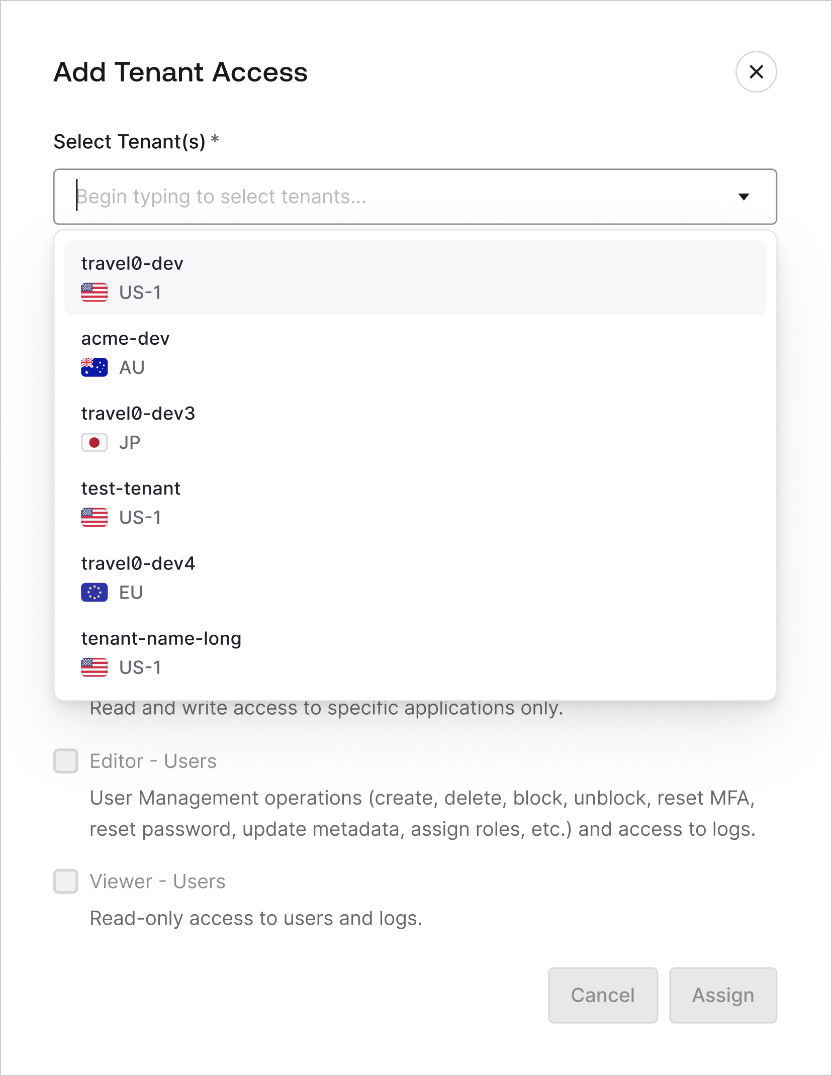 Selecting one or more tenant to grant access to Team Member