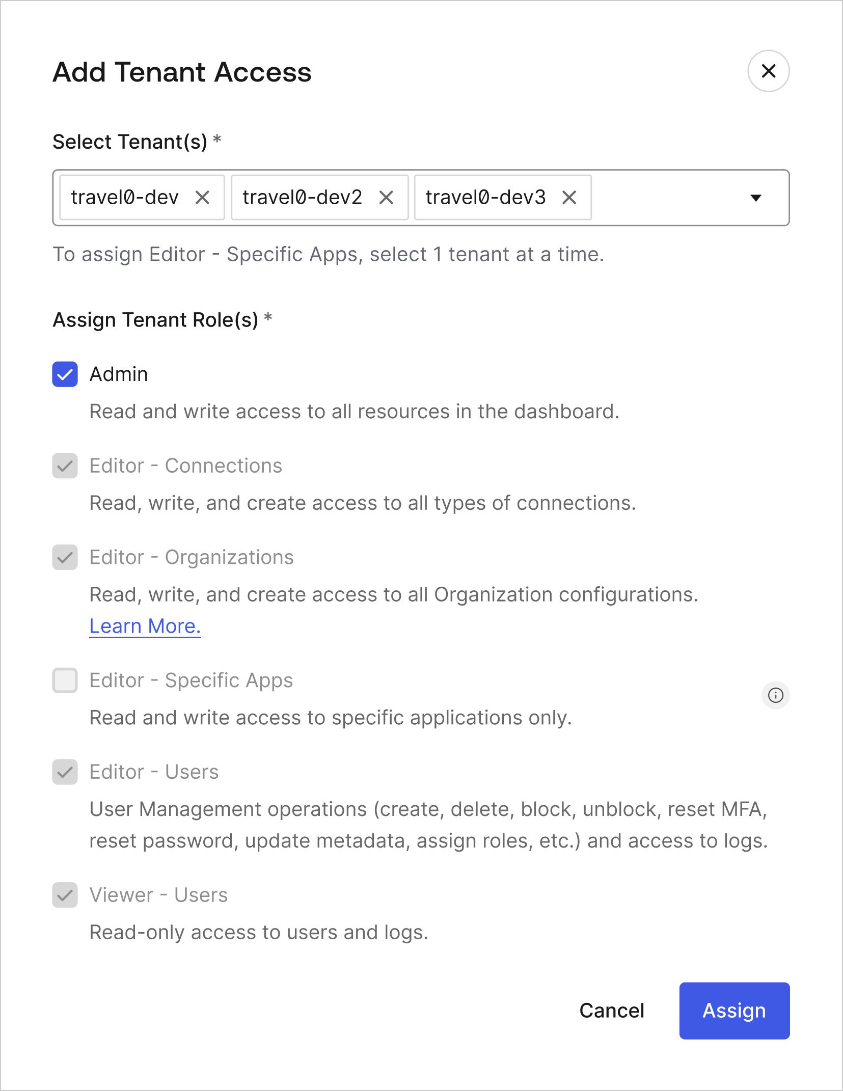 Assigning specific role for the Team member onto the selected tenants.