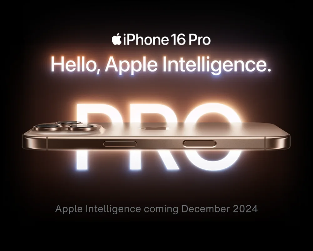 A horizontal side view of the iPhone 16 Pro with the word “Pro” appearing behind it. 