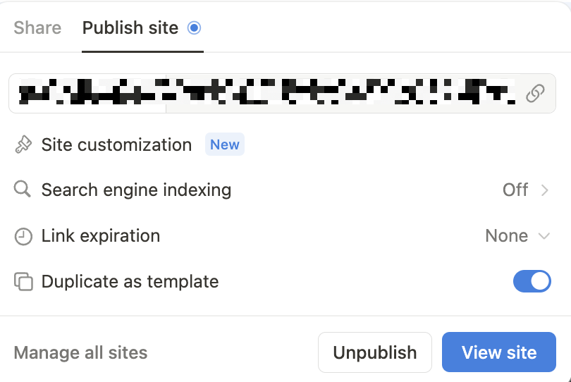 Screenshot of the sharing settings for publishing a Notion page.