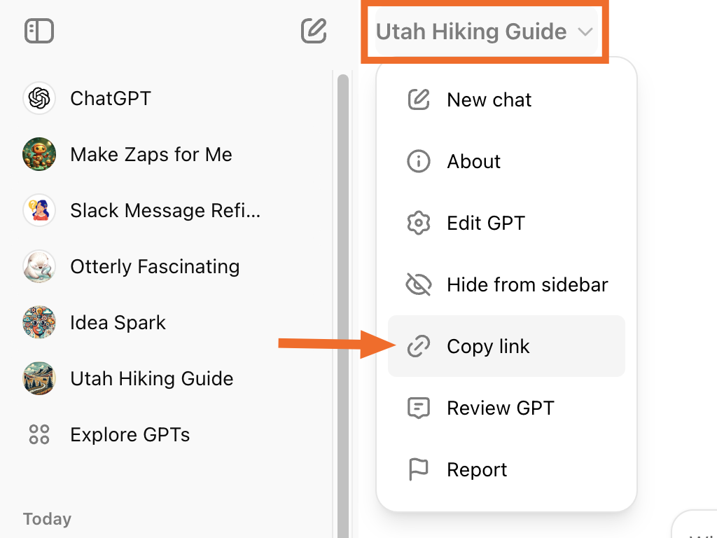 How to copy the sharing link for a custom GPT. 