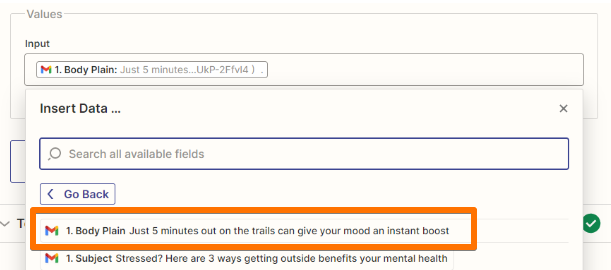 Gmail data selected in the Input field with an orange box around "Body plain" text pulled from the previous step.