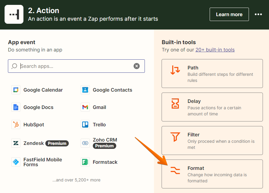 An orange arrow pointing to the Format tool in the Zapier editor.