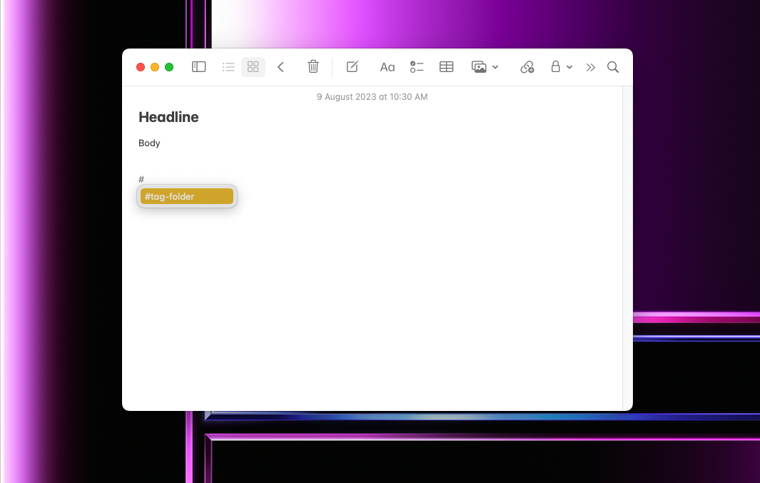 Using a hashtag to create a tag folder in Apple Notes