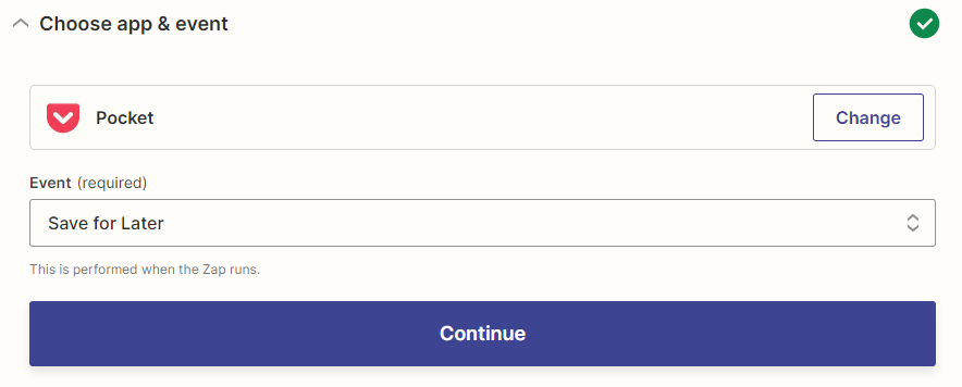 The Pocket app logo above the Event field with "Save for Later" selected in the dropdown.