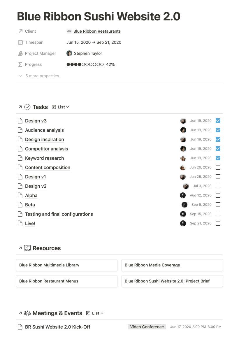 Screenshot of a Notion database item with a filtered view of related tasks.