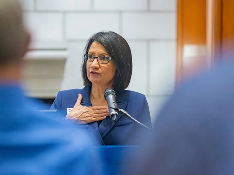 President Neeli Bendapudi at a public speaking event